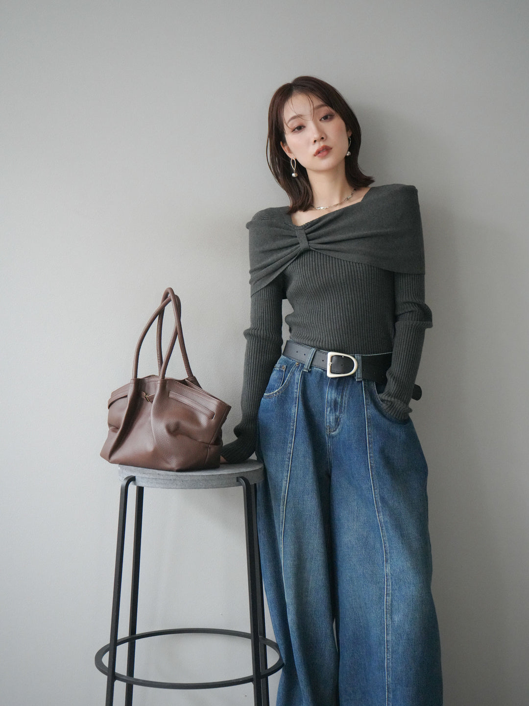 [予約]リボンモチーフオフショルリブニットトップス/gray