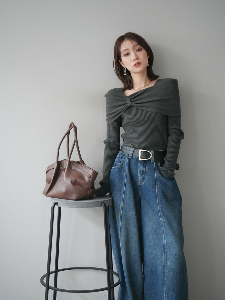 [予約]リボンモチーフオフショルリブニットトップス/gray