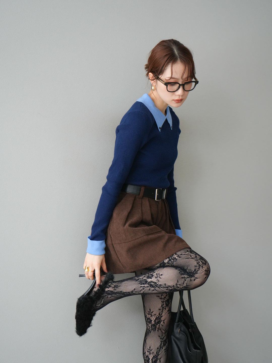 [予約]ニットカフス襟付き配色リブニットトップス/navy