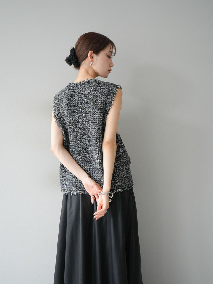 [予約]ミックスツイードフリンジニットベスト/ブラック