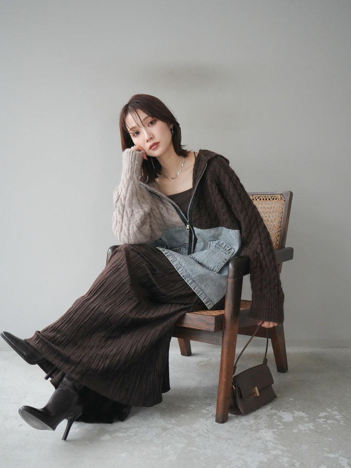[予約]デニム×バイカラーニットZIPフーディ/brown
