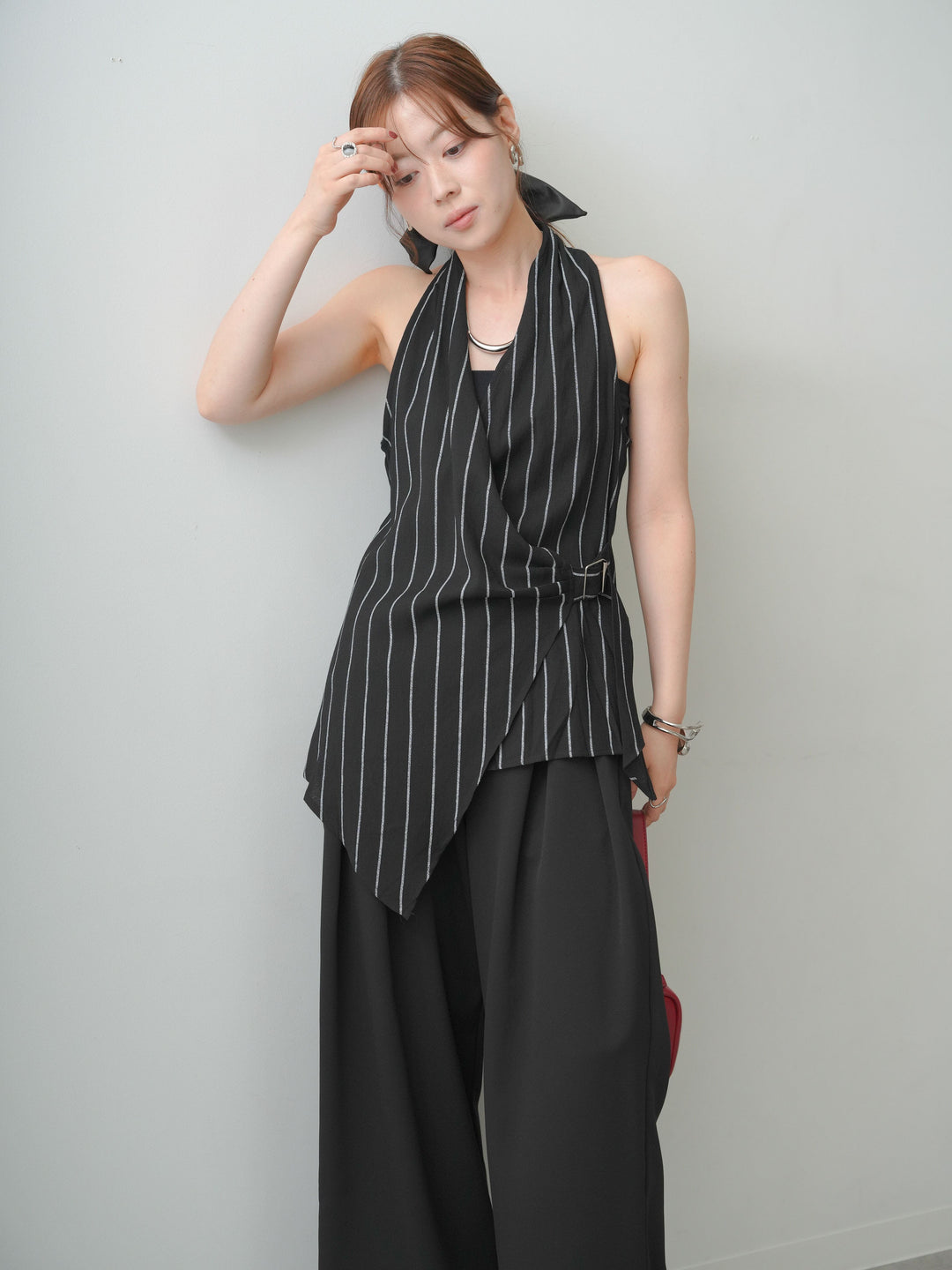 [SET]ストライプカシュクールジレ+クレープデシンタックワイドパンツ(2set)