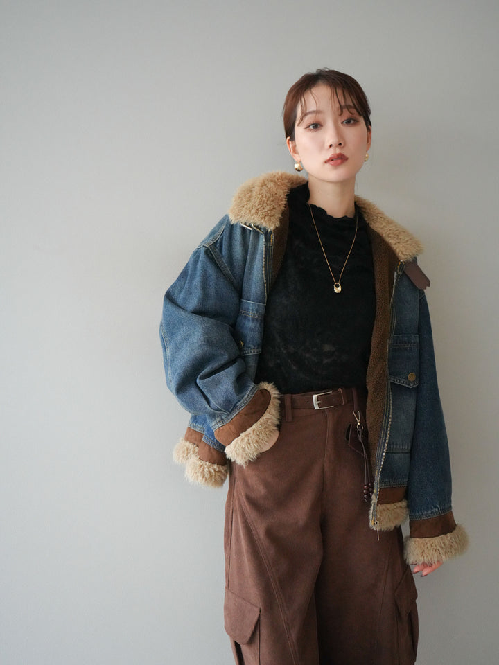 [予約]スタンドカラーファー×デニムジャケット/blue