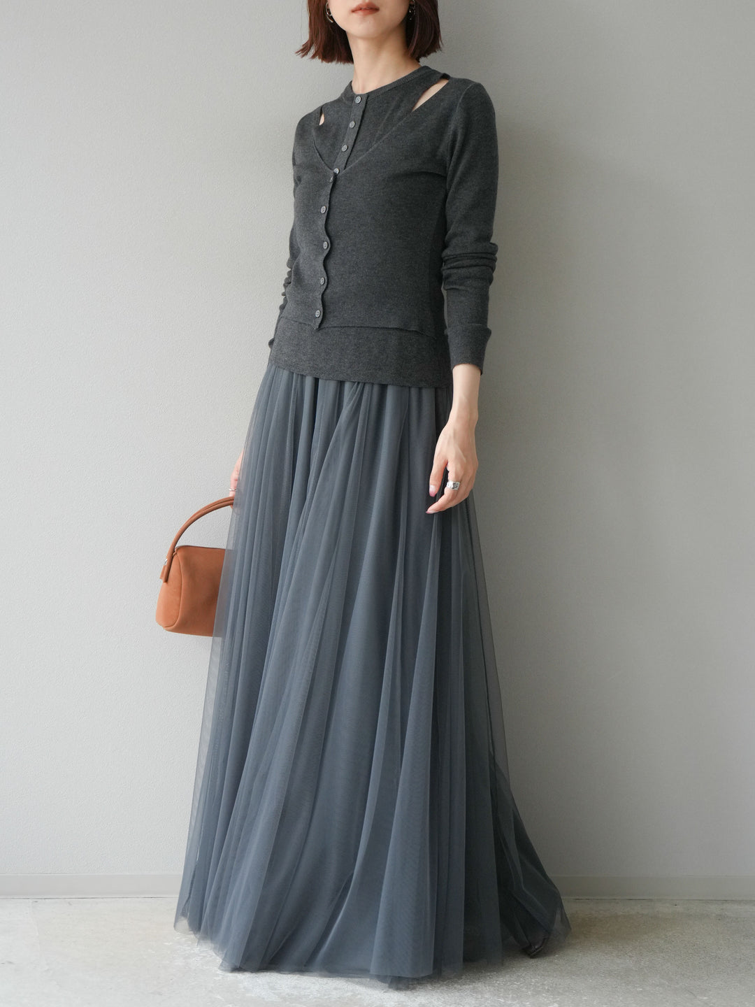 [予約]レイヤードデザインニットカーディガン/チャコール