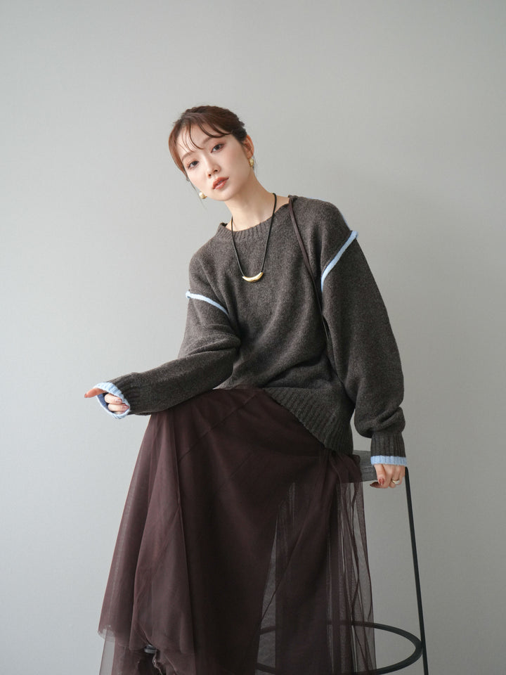 [予約]バイカラーパイピングニットプルオーバー/brown