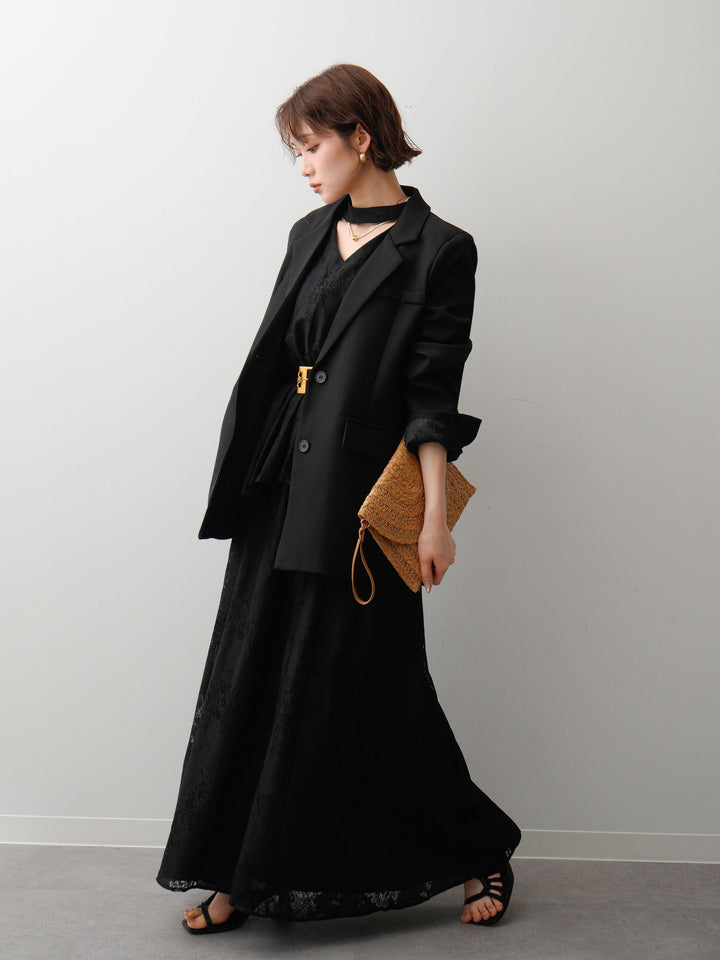 【套裝】繫帶露背蕾絲喇叭上衣和蕾絲長裙套裝 + 後開衩設計外套（兩件套）