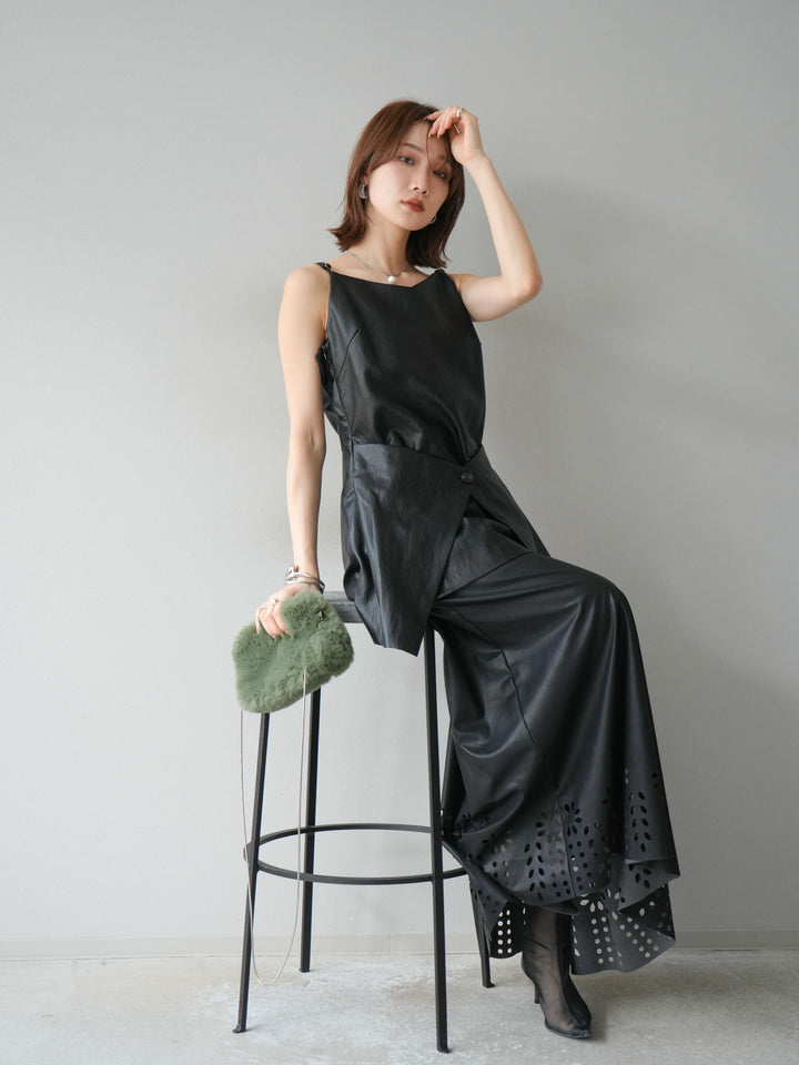 [予約]レイヤードレザーキャミソールチュニック/ブラック