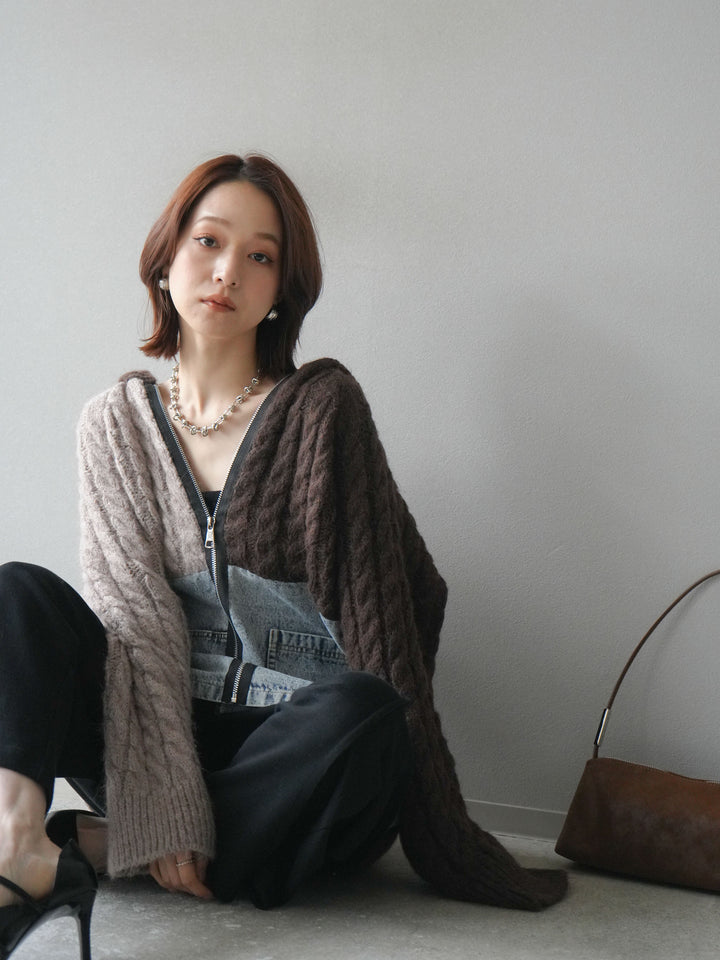 [予約]デニム×バイカラーニットZIPフーディ/brown