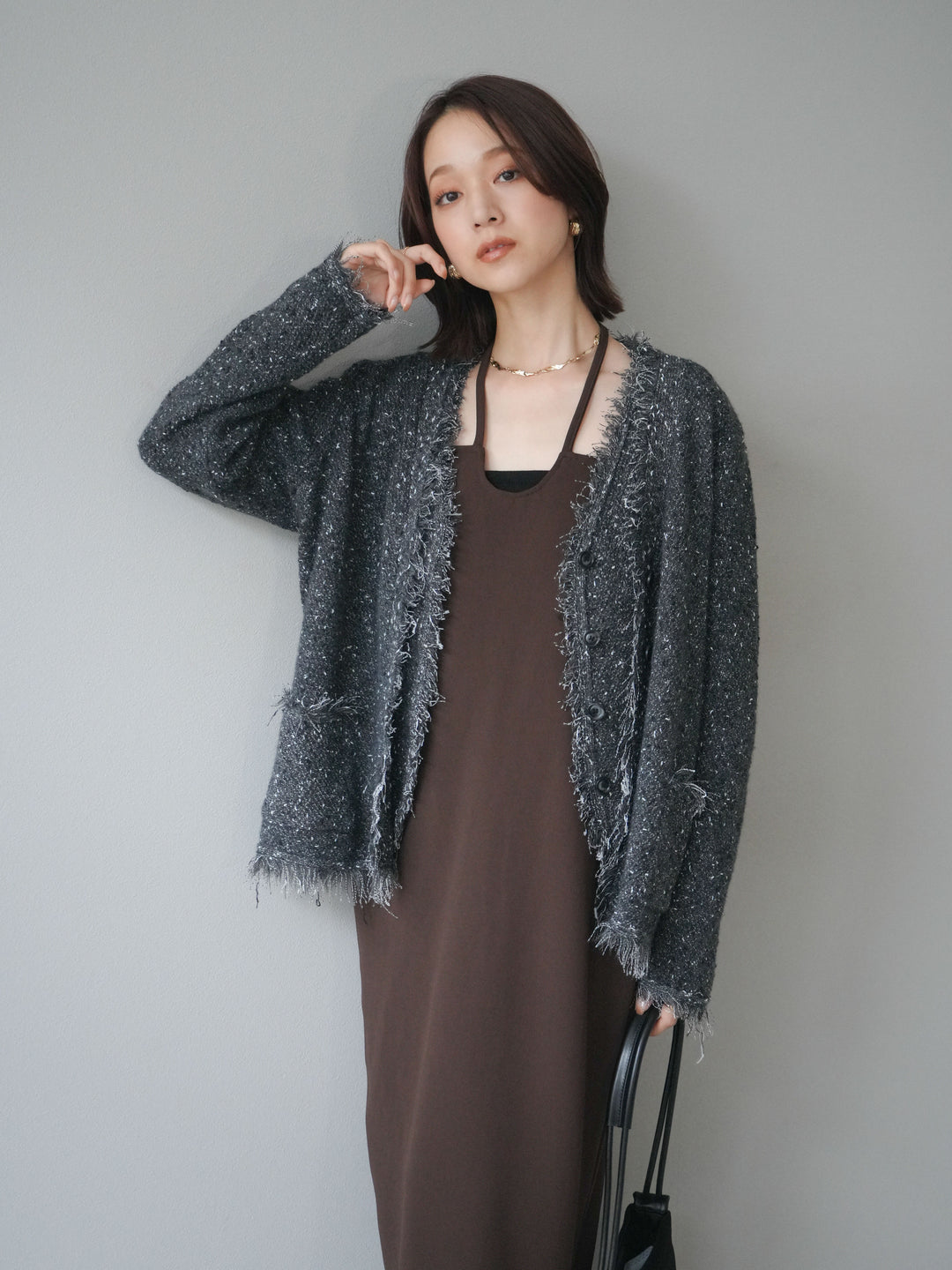[予約]ネップフリンジニットカーディガン/ gray