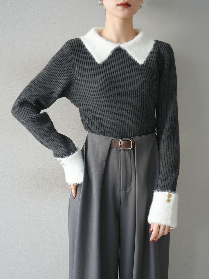 [SET]シャギー襟リブニットトップス+ベルトループデザインワイドパンツ(2set)