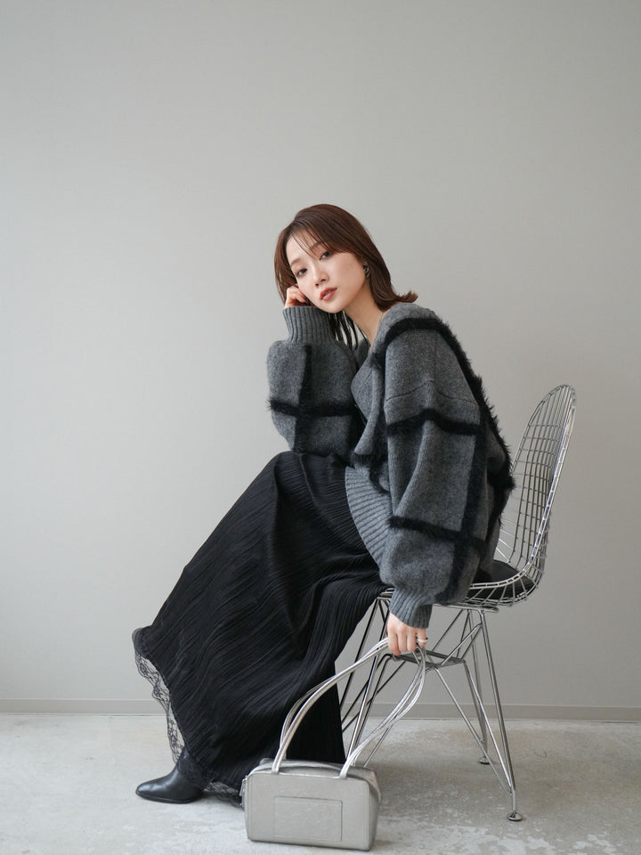 [予約]ミックスシャギーチェックカーディガン/charcoal