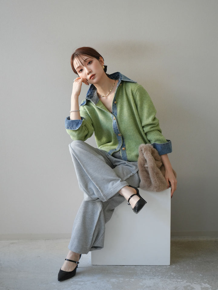 [予約]デニム襟ボタンニットカーディガン/pistachio