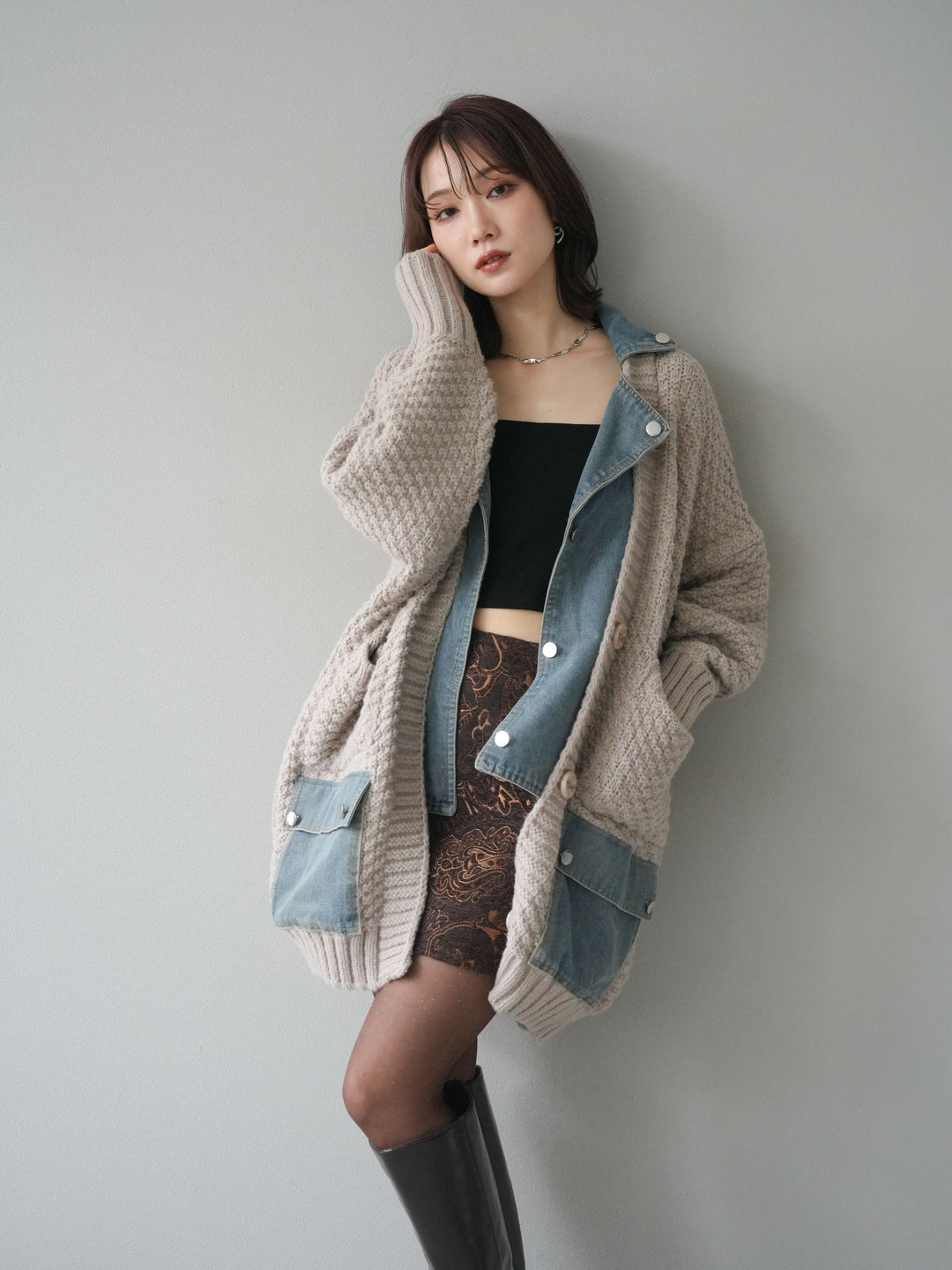 [予約]デニム襟レイヤードニットジャケット/greige
