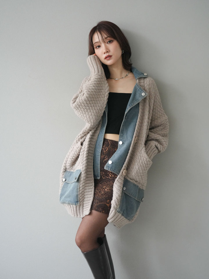 [予約]デニム襟レイヤードニットジャケット/greige