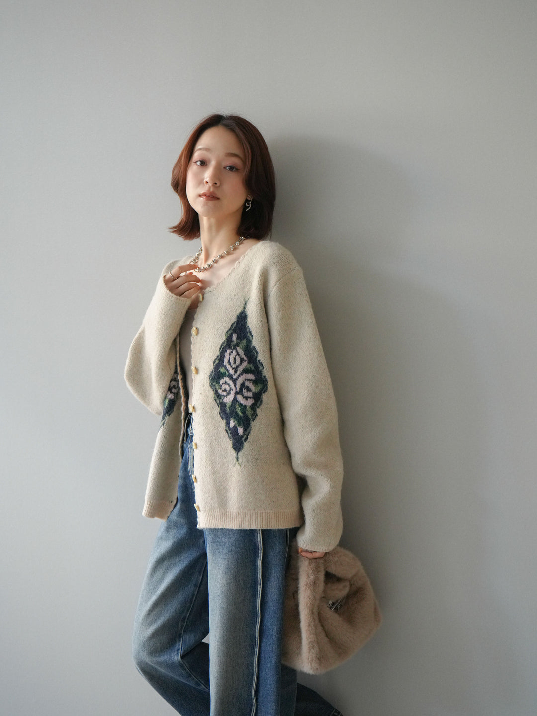 [予約]アンティークフラワージャガードニットカーディガン/ivory