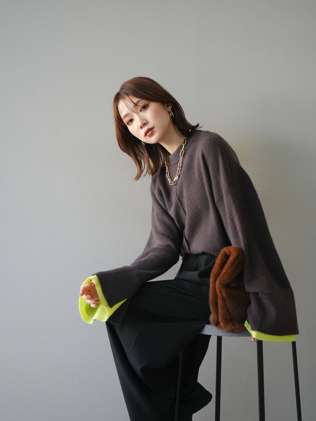 [予約]袖レイヤード配色ニットプルオーバー/brown