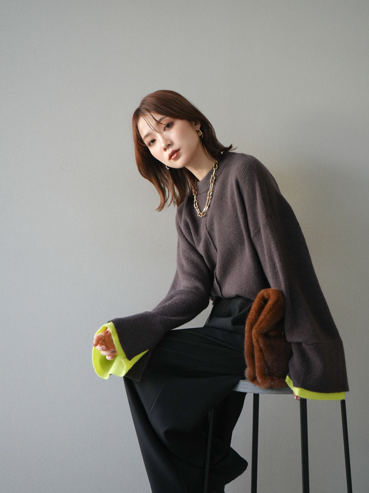 [予約]袖レイヤード配色ニットプルオーバー/brown