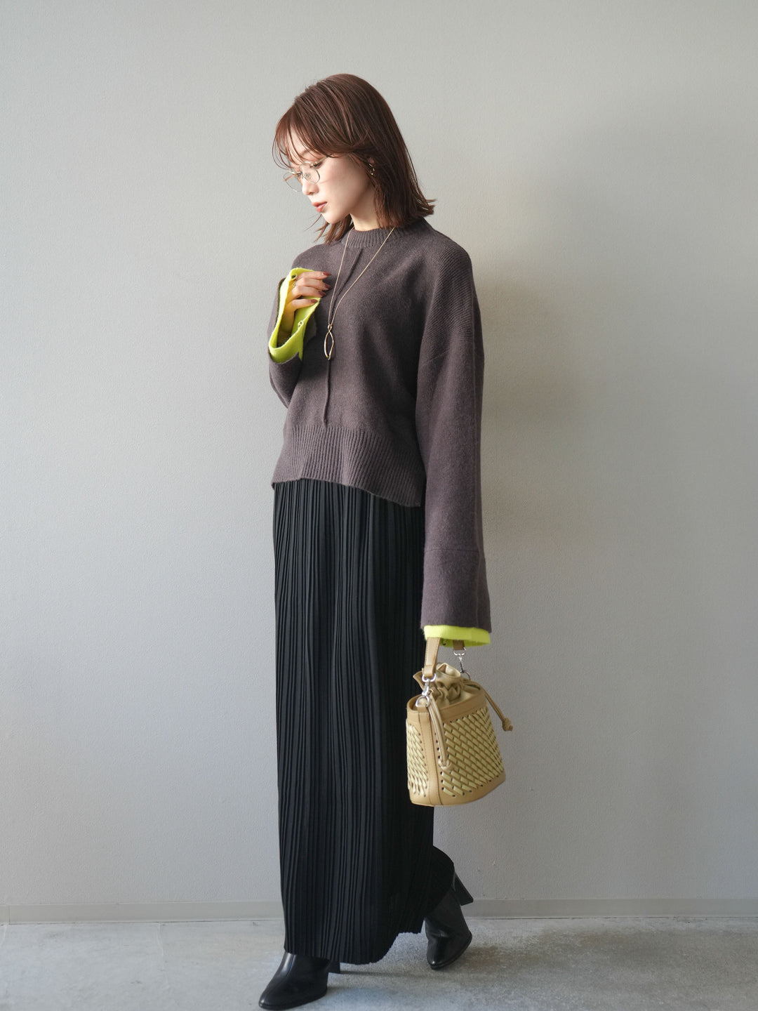 [SET]袖レイヤード配色ニットプルオーバー+プリーツIラインスカート(2set)