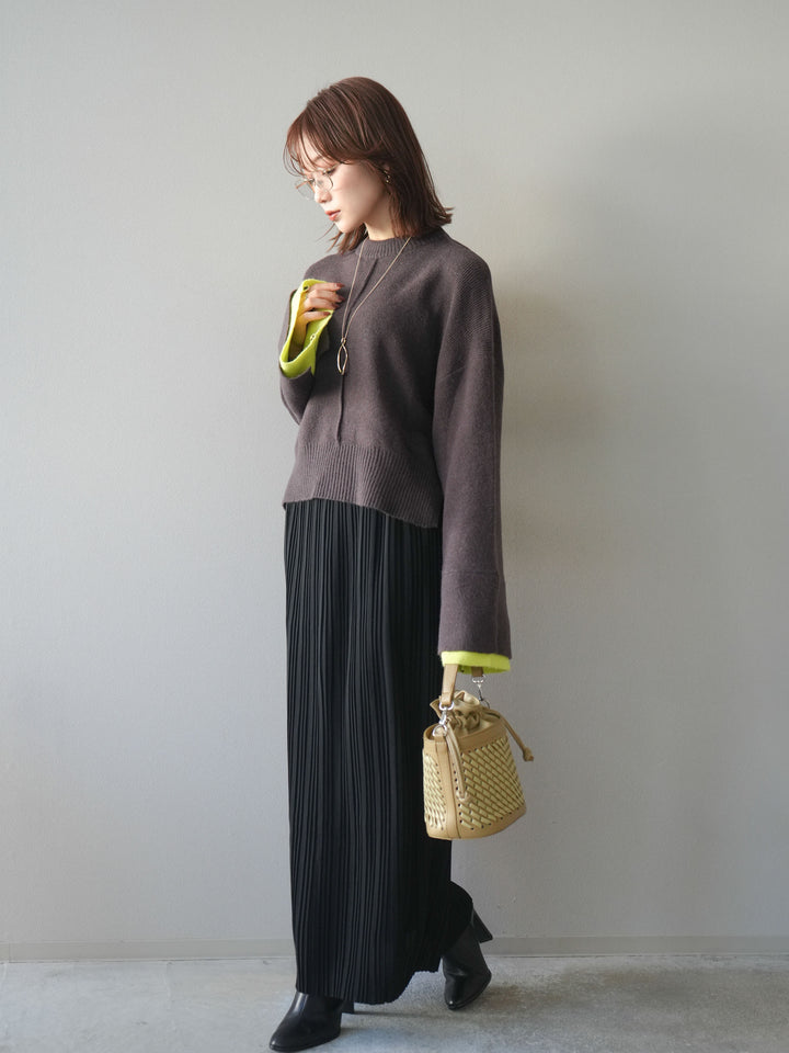 [SET]袖レイヤード配色ニットプルオーバー+プリーツIラインスカート(2set)