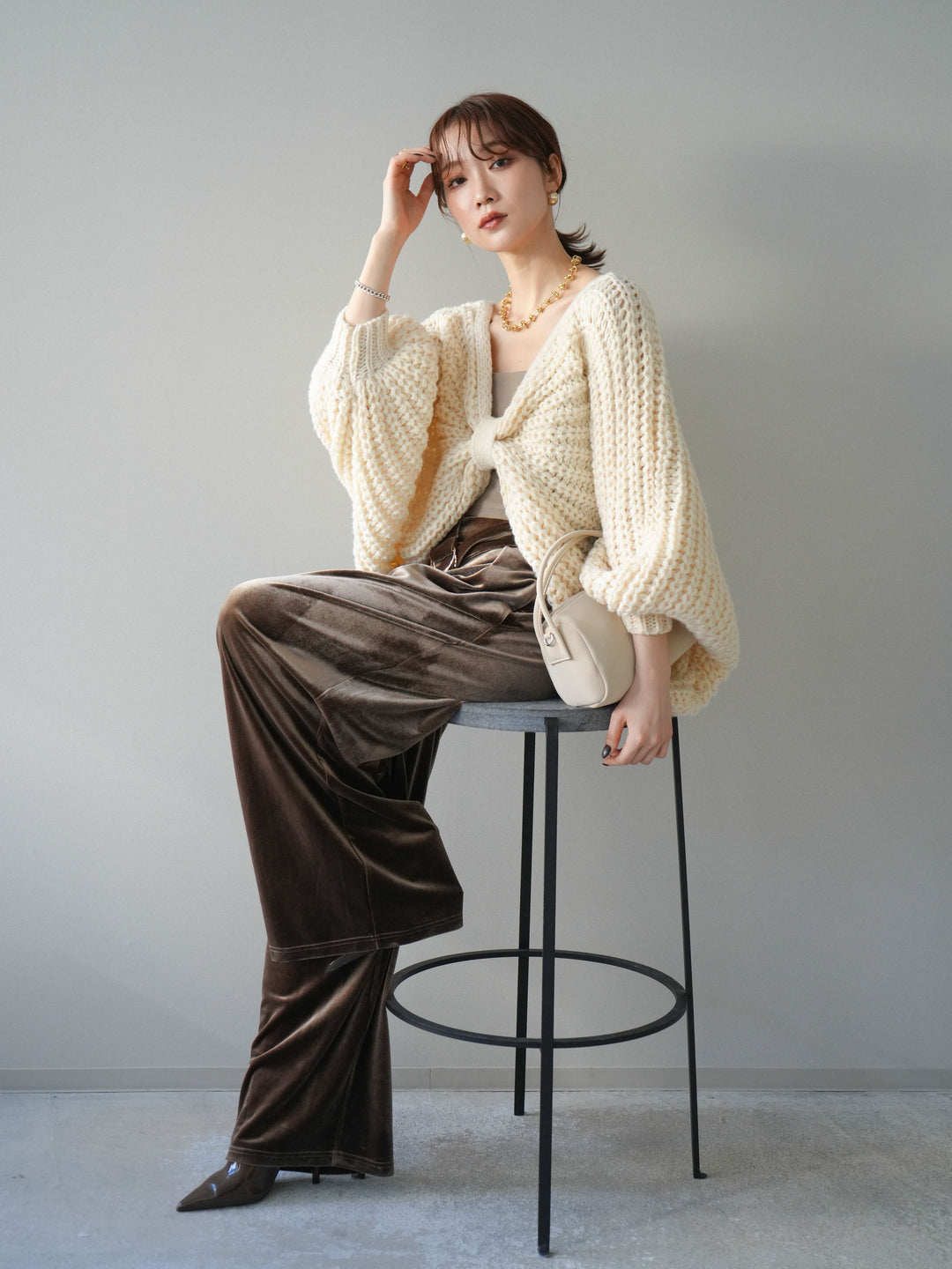 [予約]ローゲージ畦編みドルマンニットボレロ/ivory