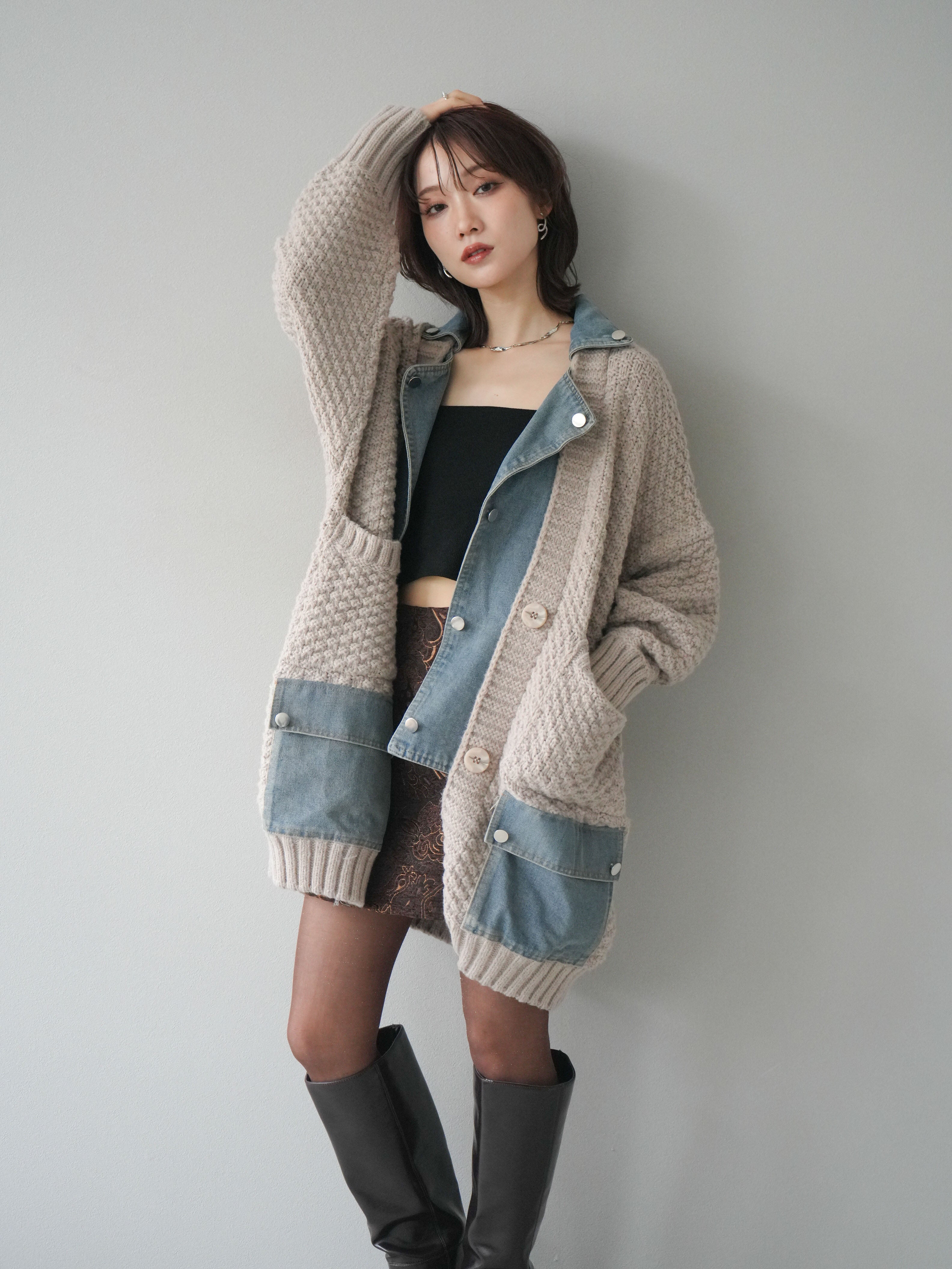 予約]デニム襟レイヤードニットジャケット/greige – Lumier