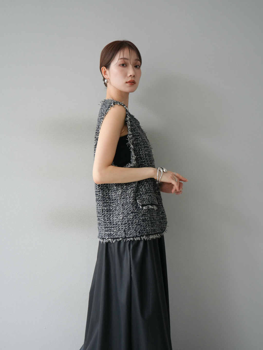 [予約]ミックスツイードフリンジニットベスト/ブラック