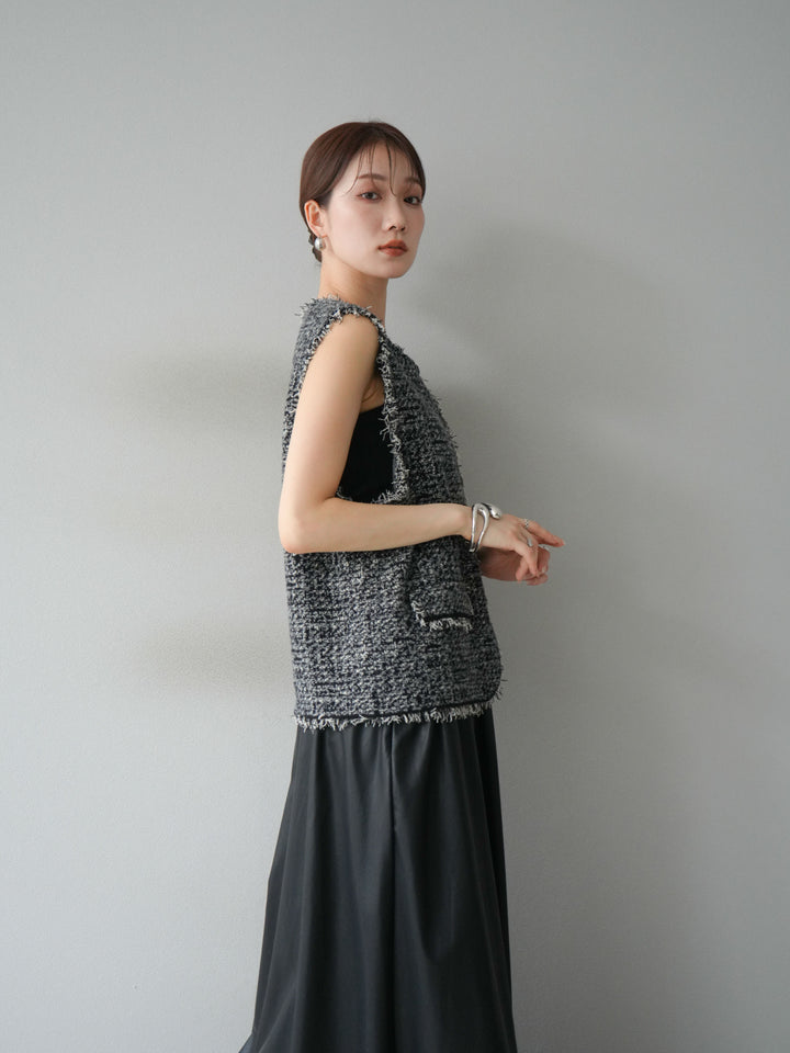 [予約]ミックスツイードフリンジニットベスト/ブラック
