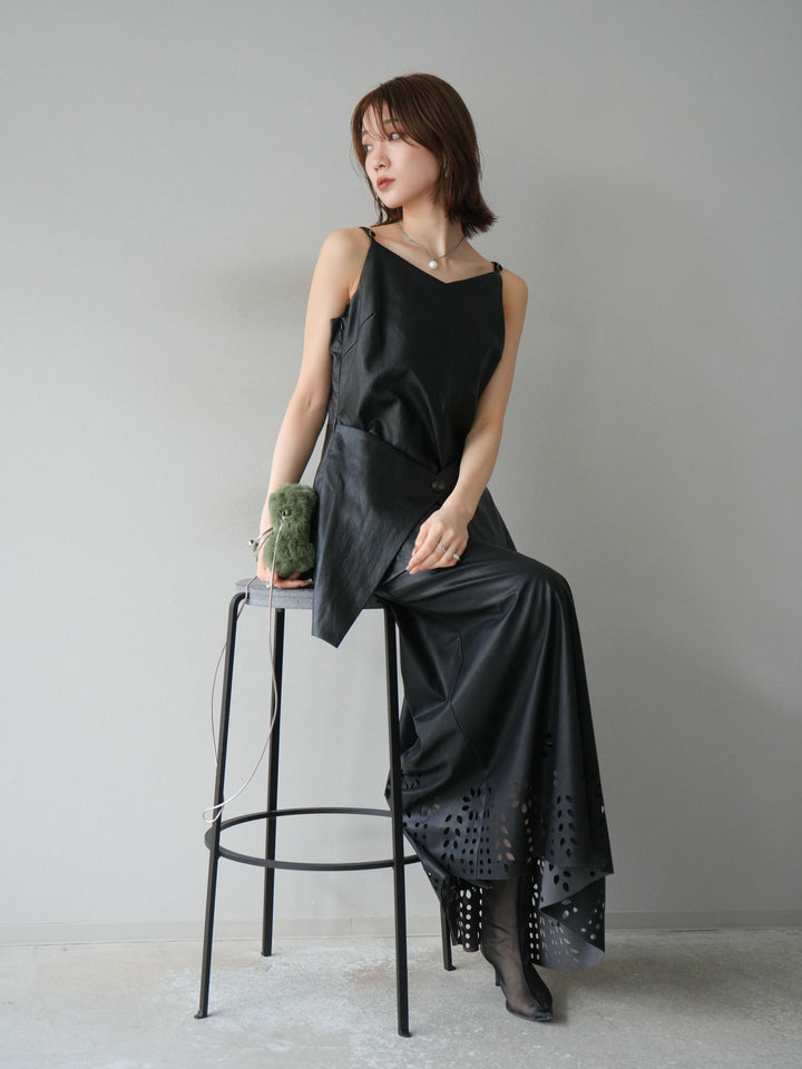 [予約]レイヤードレザーキャミソールチュニック/ブラック
