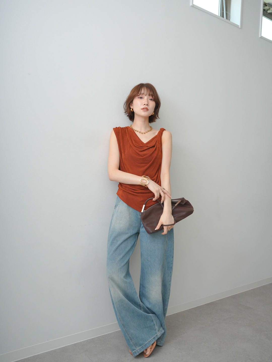 [予約]ツイストショルダーアシメドレープトップス/brown