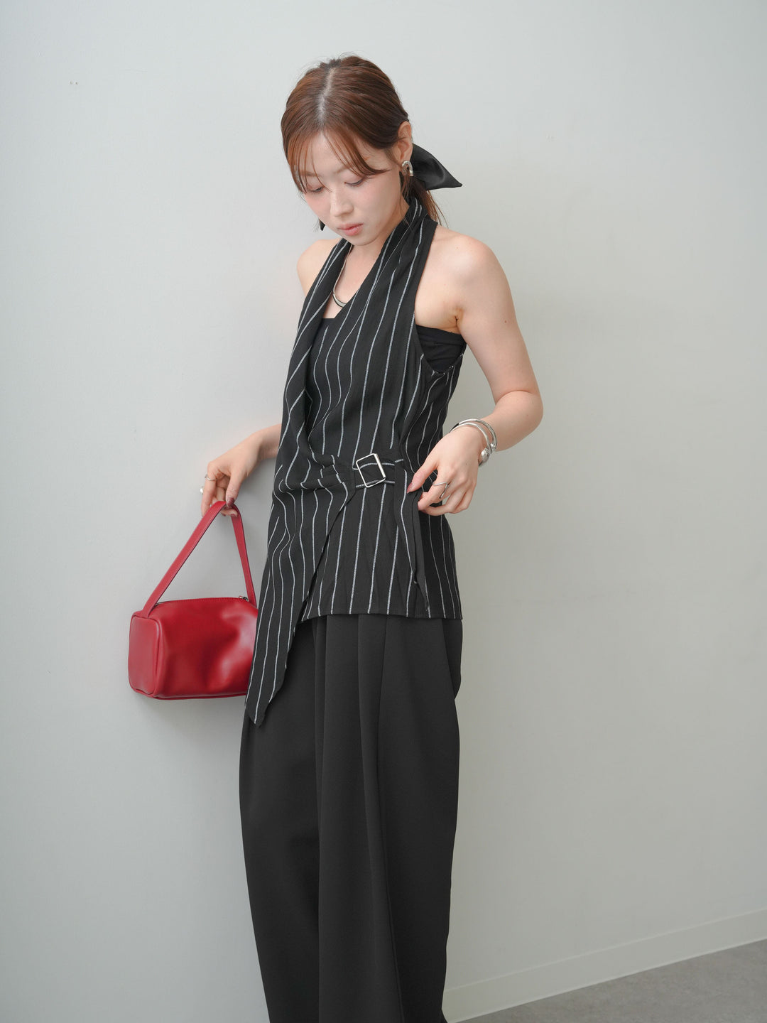 [SET]ストライプカシュクールジレ+クレープデシンタックワイドパンツ(2set)