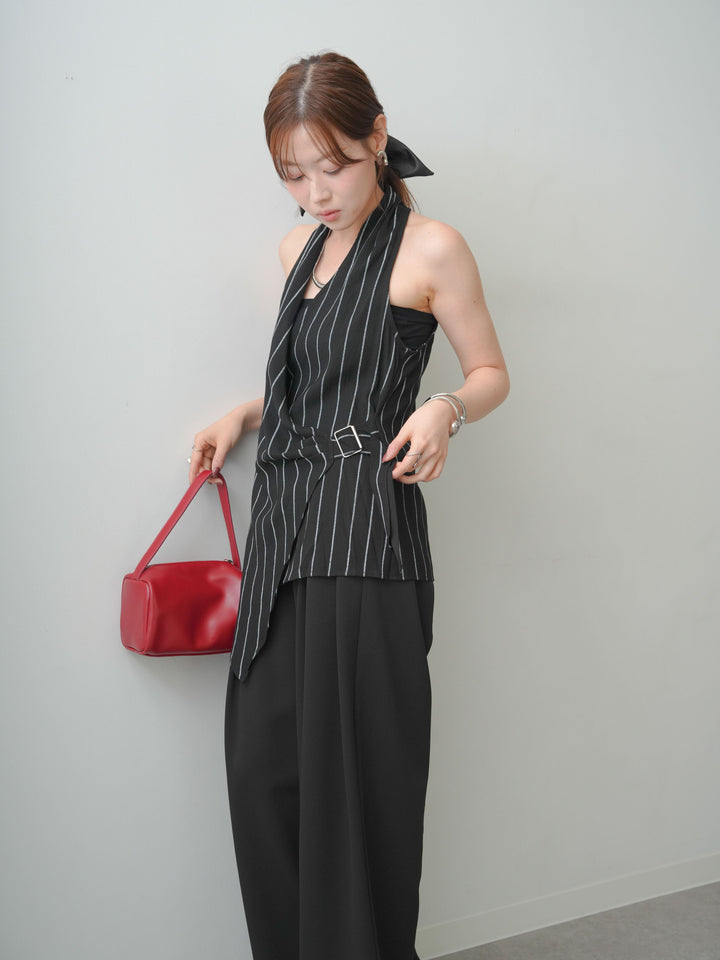 [SET]ストライプカシュクールジレ+クレープデシンタックワイドパンツ(2set)