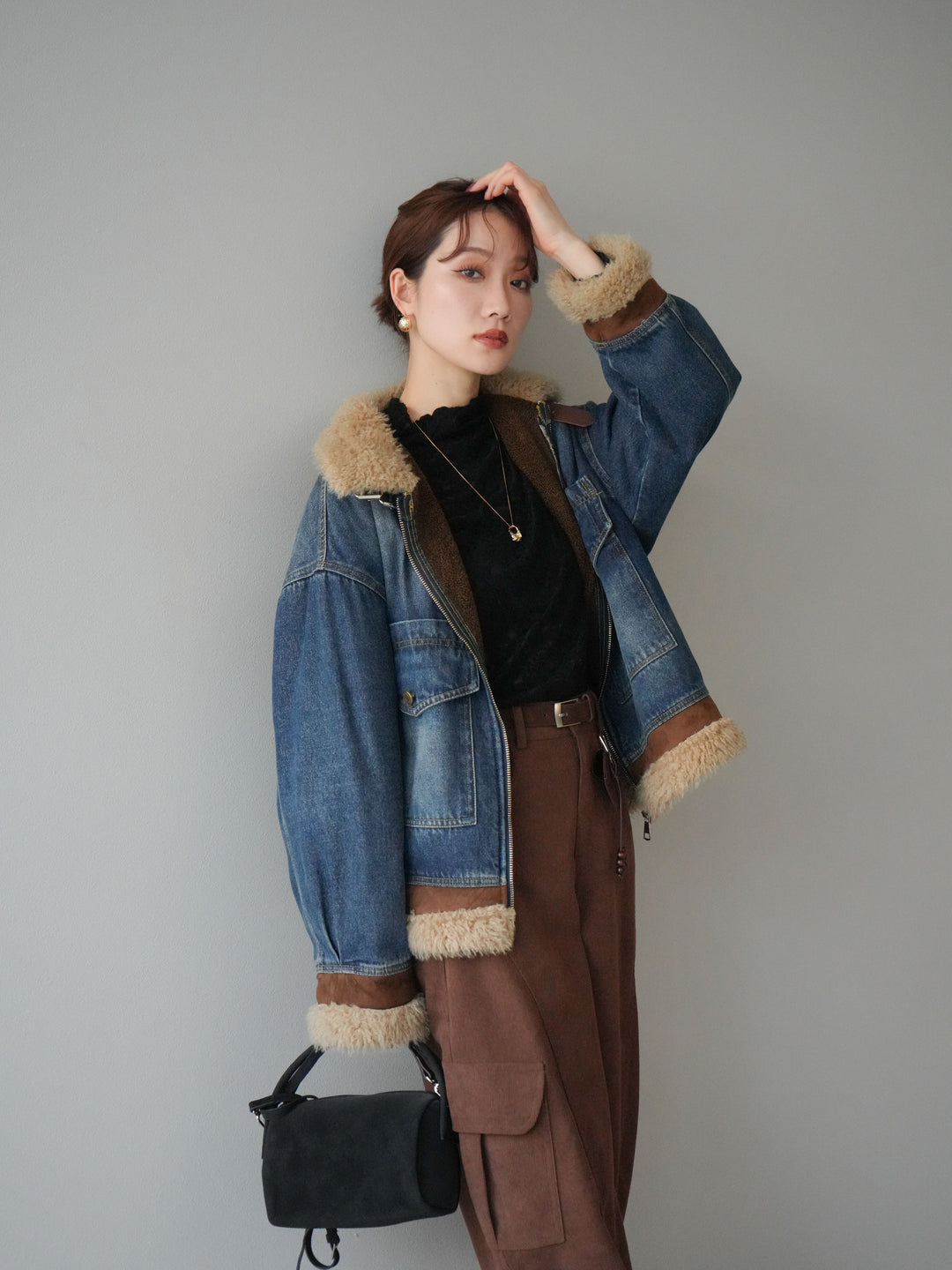 [予約]スタンドカラーファー×デニムジャケット/blue