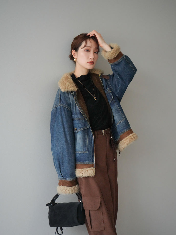 [予約]スタンドカラーファー×デニムジャケット/blue