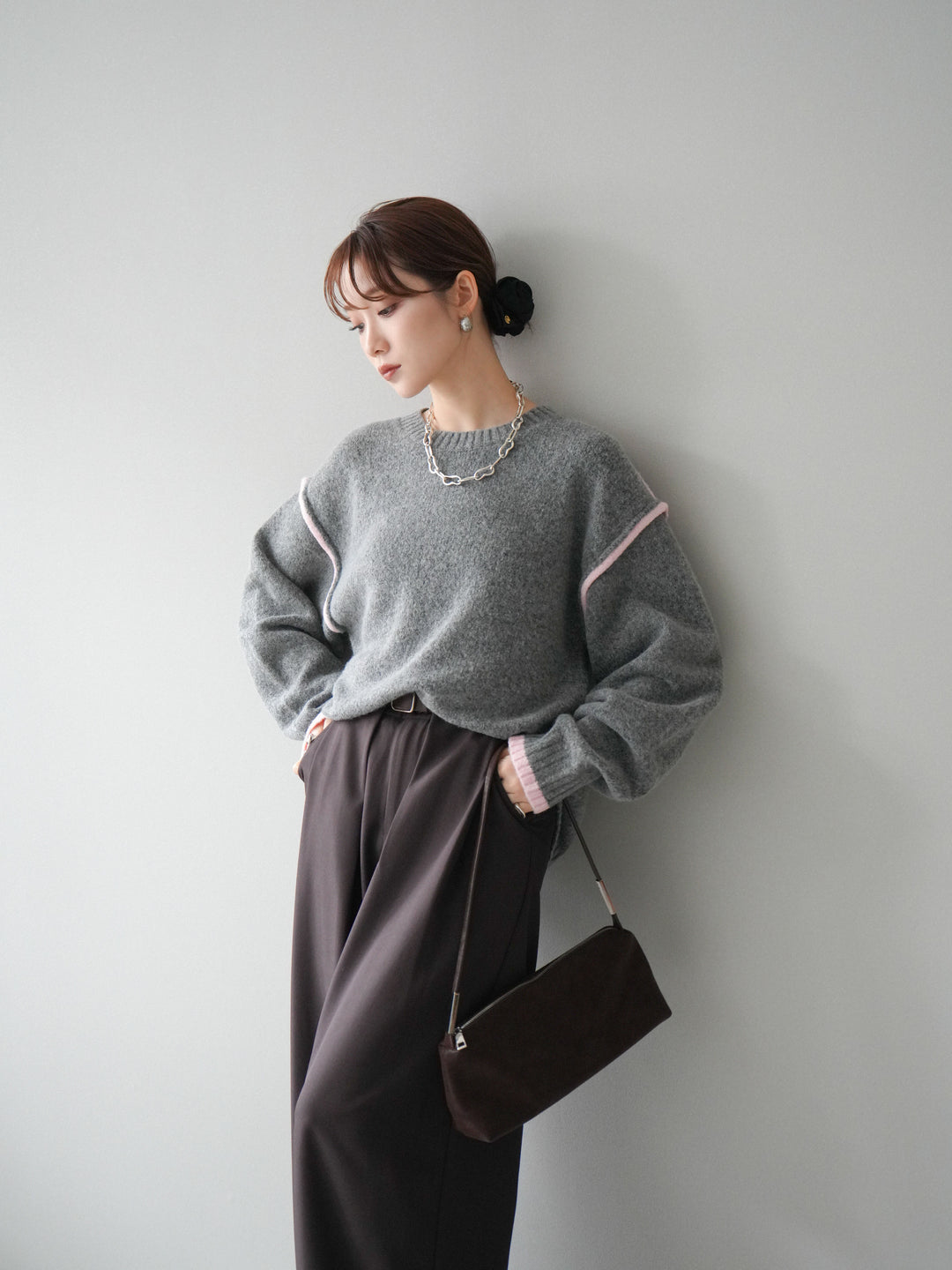 [予約]バイカラーパイピングニットプルオーバー/gray