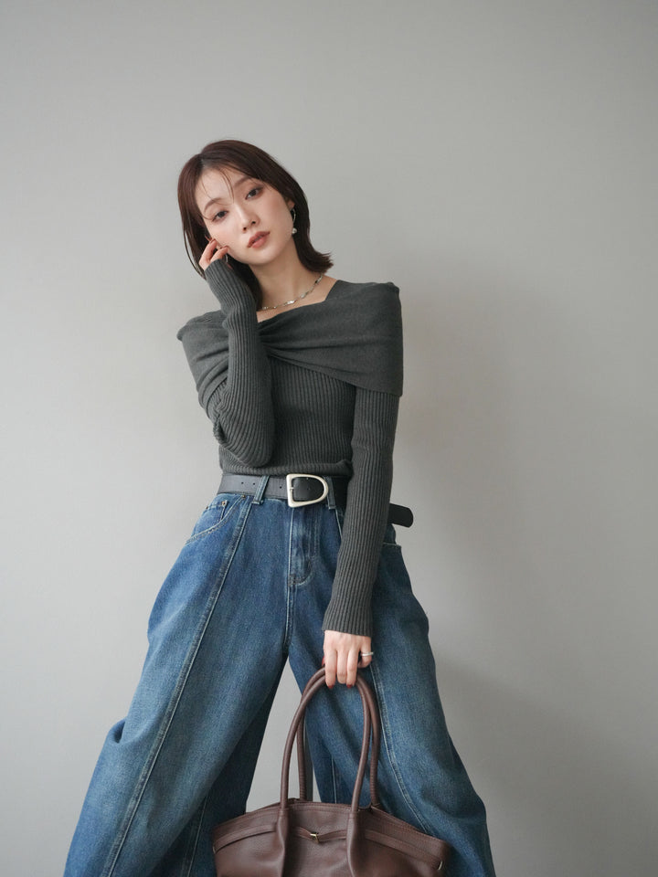 [予約]リボンモチーフオフショルリブニットトップス/gray