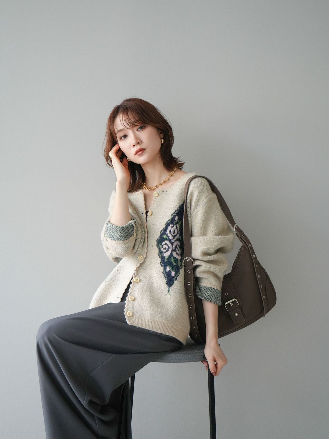 [予約]アンティークフラワージャガードニットカーディガン/ivory