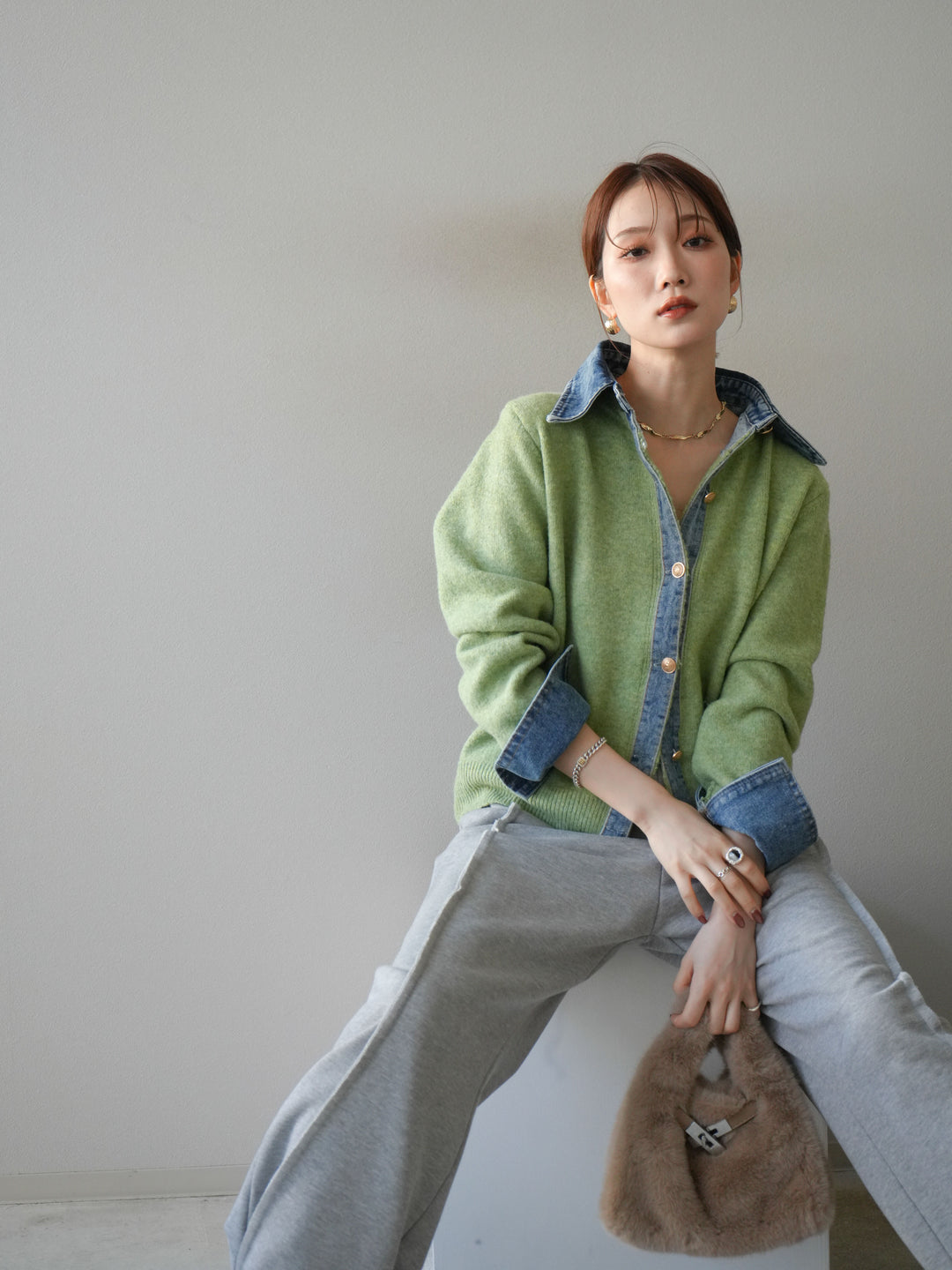 [予約]デニム襟ボタンニットカーディガン/pistachio