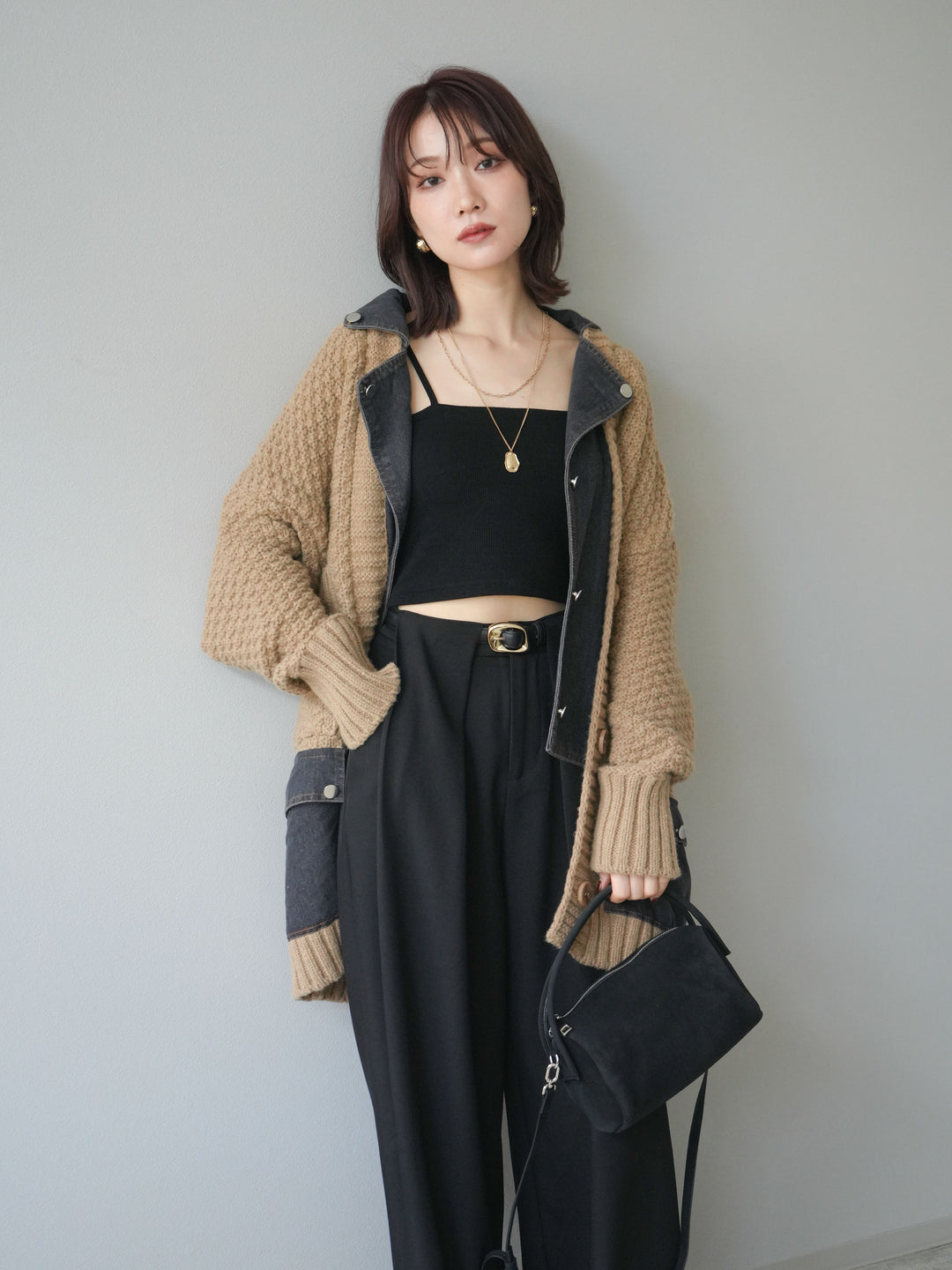 [予約]デニム襟レイヤードニットジャケット/beige