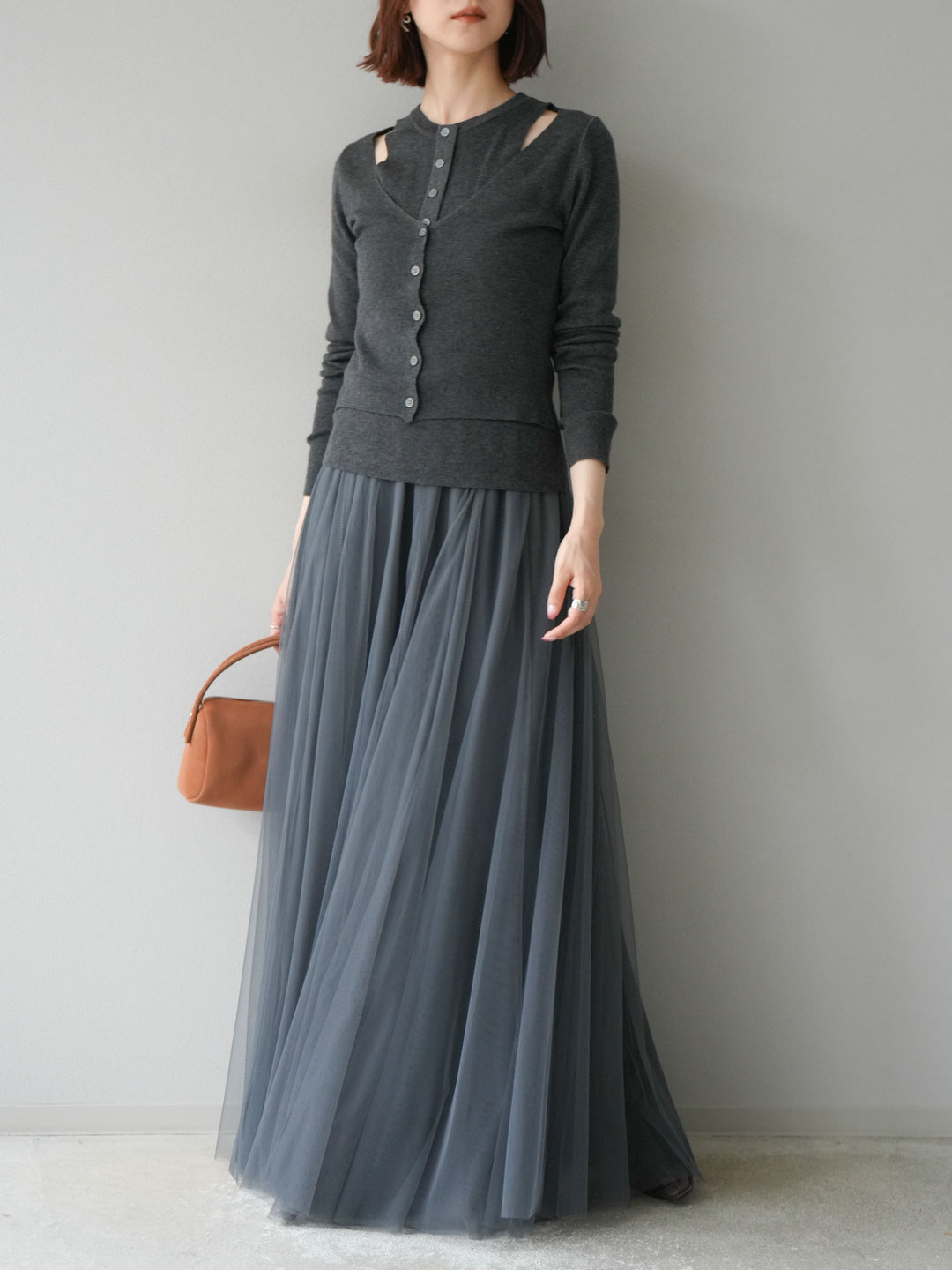 [予約]レイヤードデザインニットカーディガン/チャコール