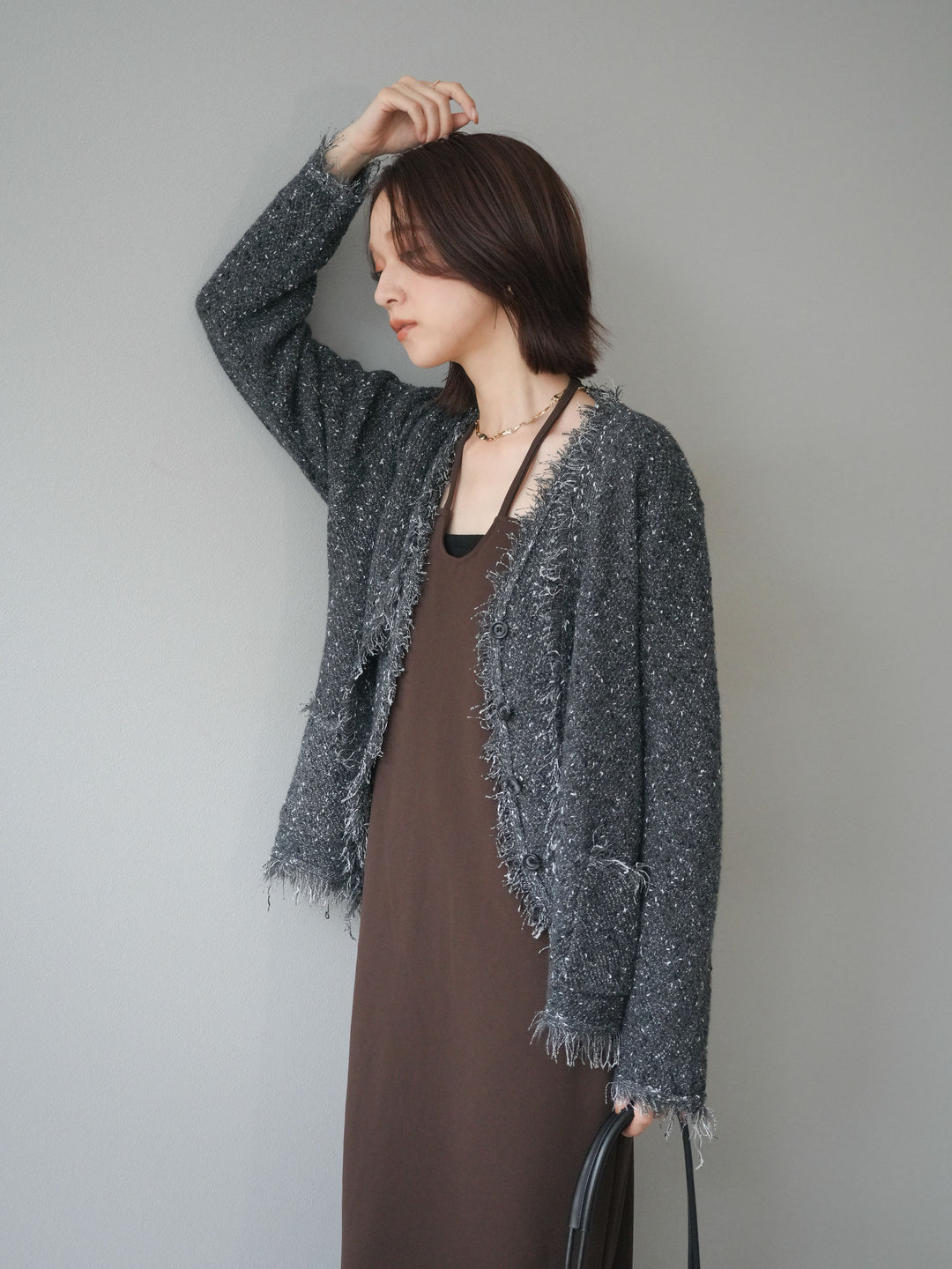 [予約]ネップフリンジニットカーディガン/ gray