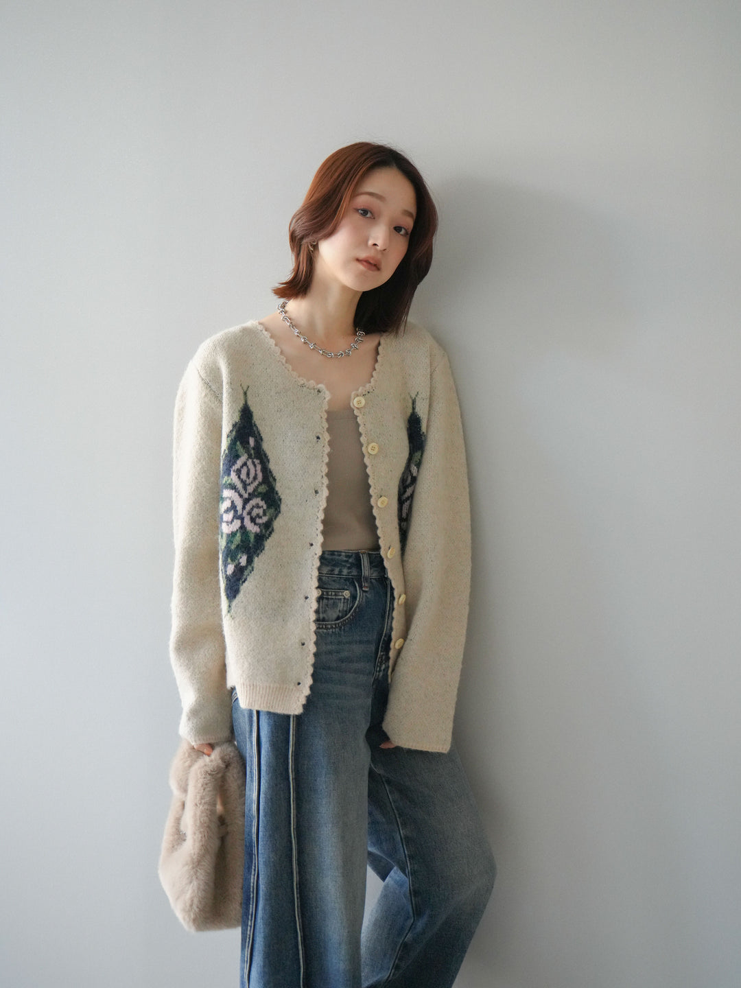 [予約]アンティークフラワージャガードニットカーディガン/ivory