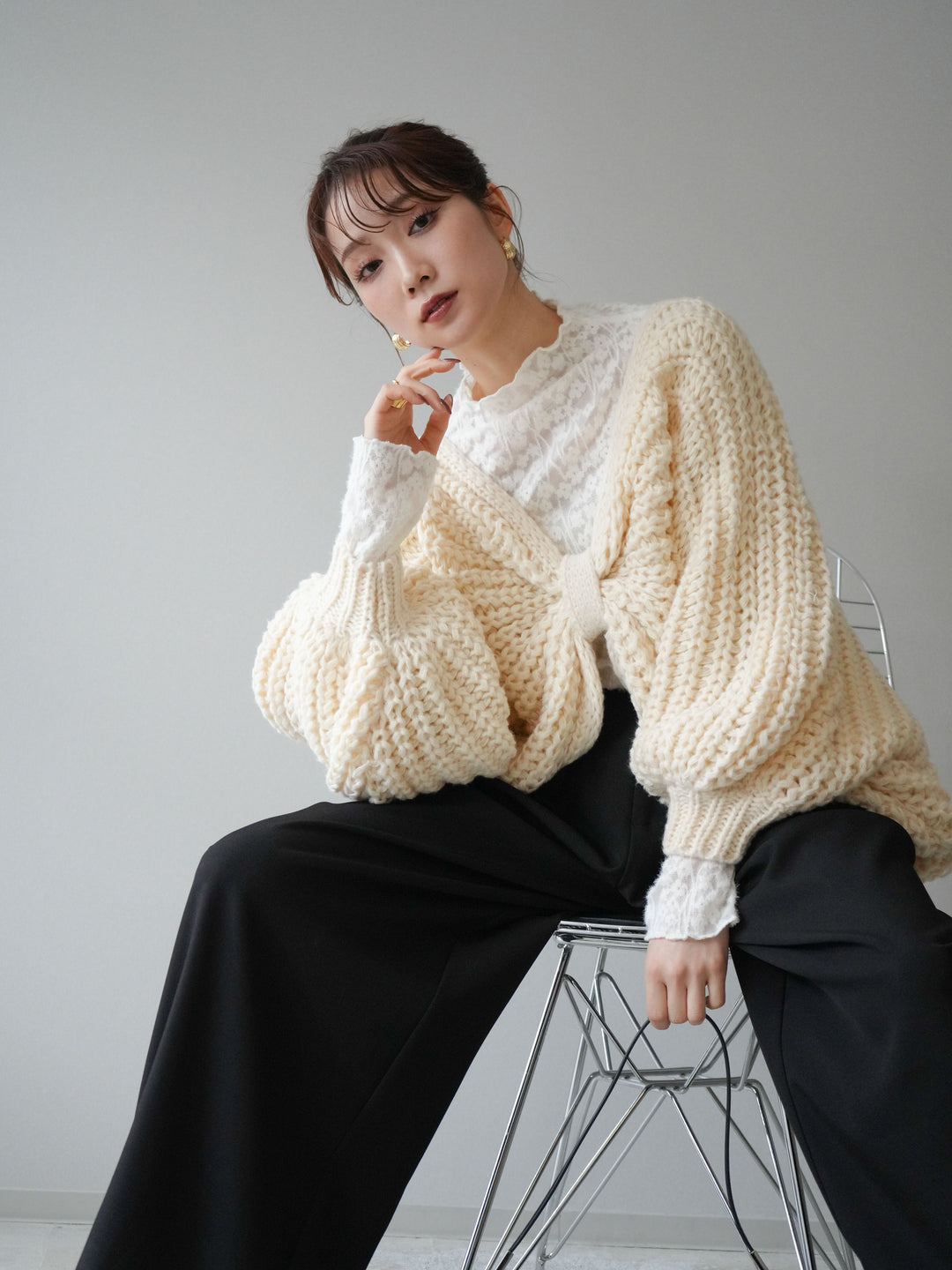 [SET]ローゲージ畦編みドルマンニットボレロ+起毛レースプチネックトップス+ベルトループデザインワイドパンツM(3set)