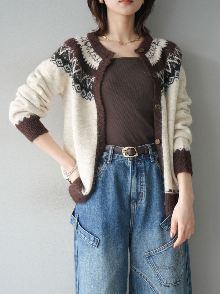 [SET]ノルディック柄ニットカーディガン+ペインターカーブデニムパンツ(2set)