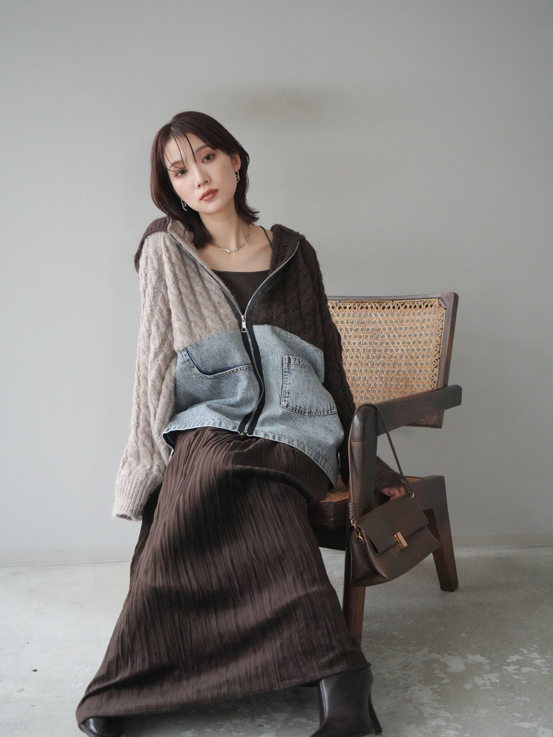 [予約]デニム×バイカラーニットZIPフーディ/brown