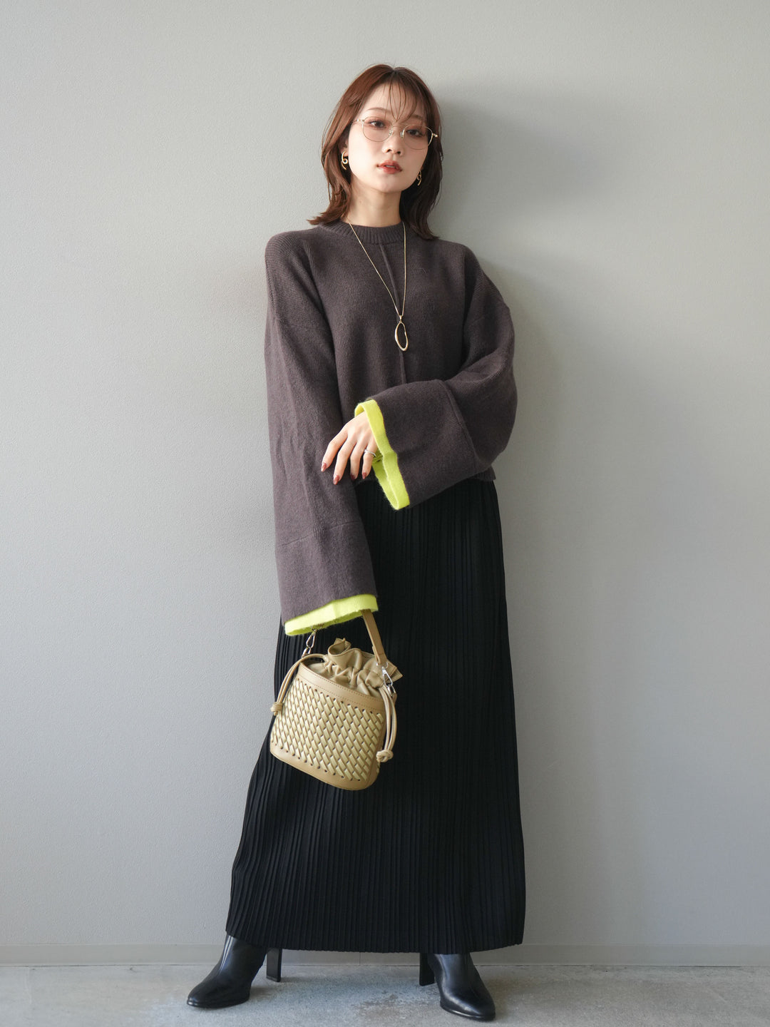 [SET]袖レイヤード配色ニットプルオーバー+プリーツIラインスカート(2set)