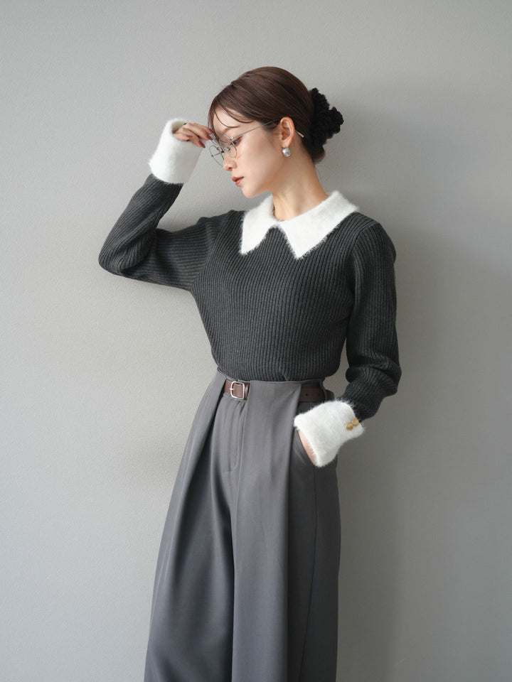 [SET]シャギー襟リブニットトップス+ベルトループデザインワイドパンツ(2set)