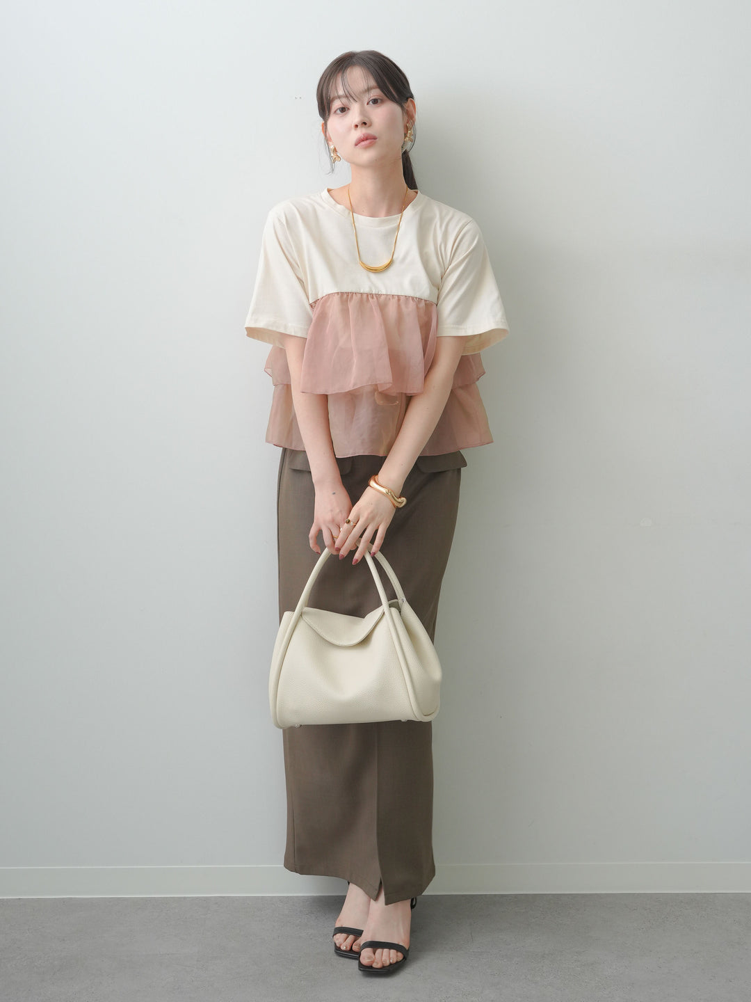 [SET]オーガンジーフリルドッキングTEE+クレープデシンフラップ付きストレートスカート(2set)