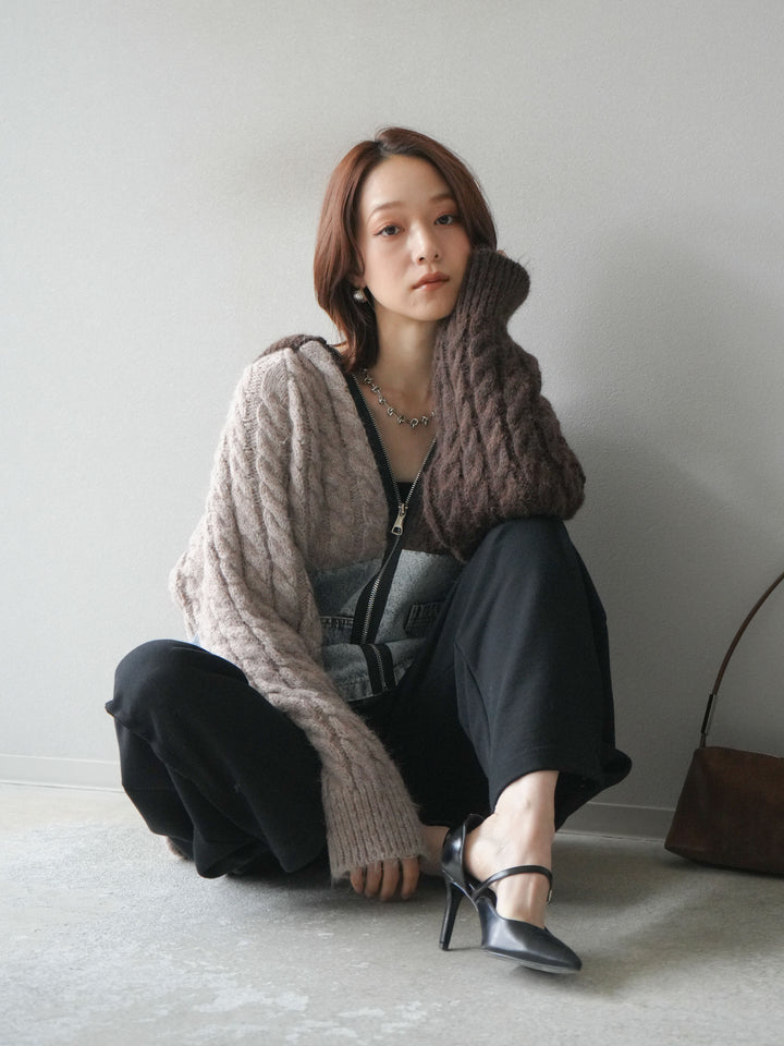 [予約]デニム×バイカラーニットZIPフーディ/brown