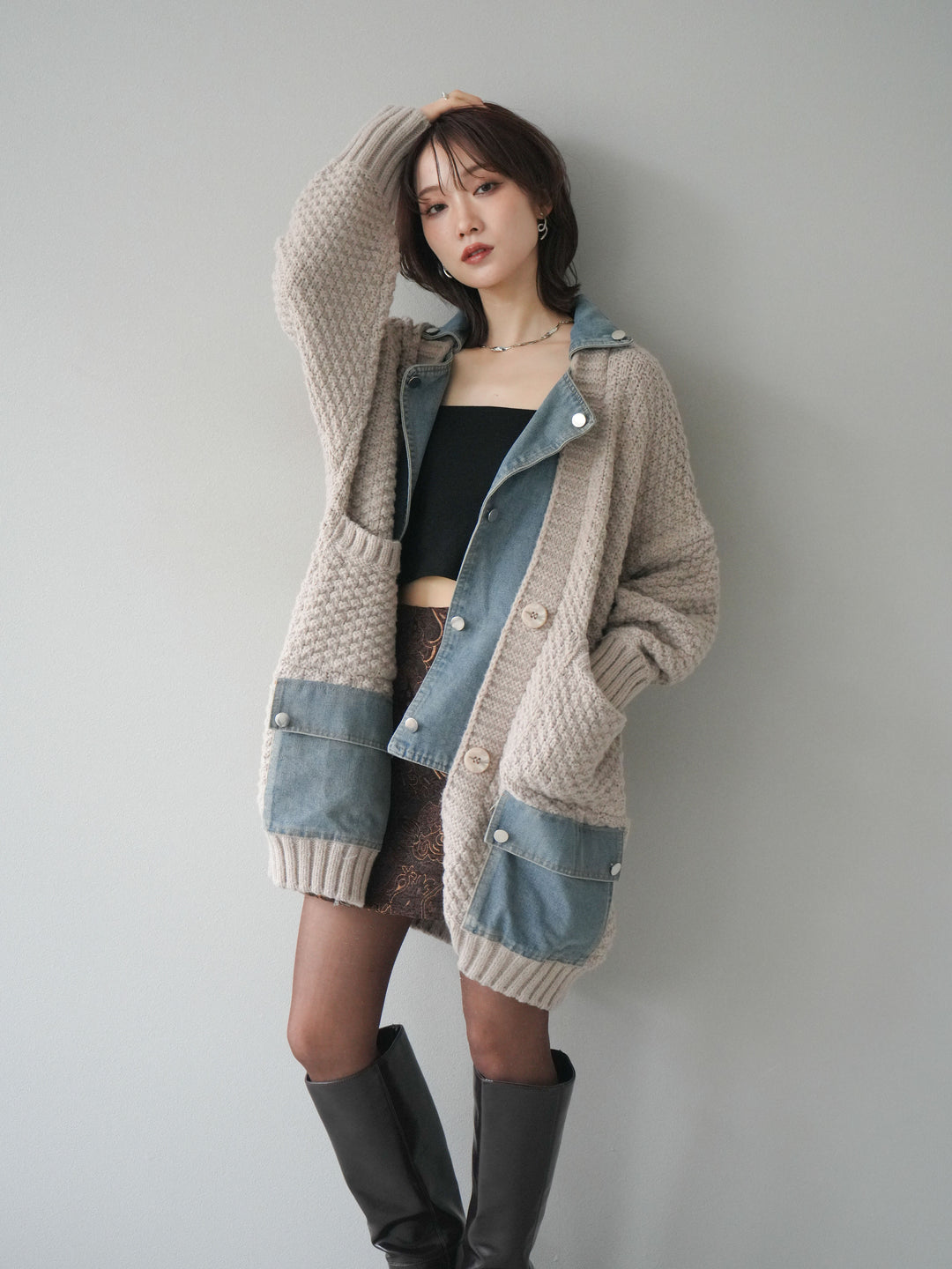 [SET]デニム襟レイヤードニットジャケット+デニム襟レイヤードニットジャケット(2set)