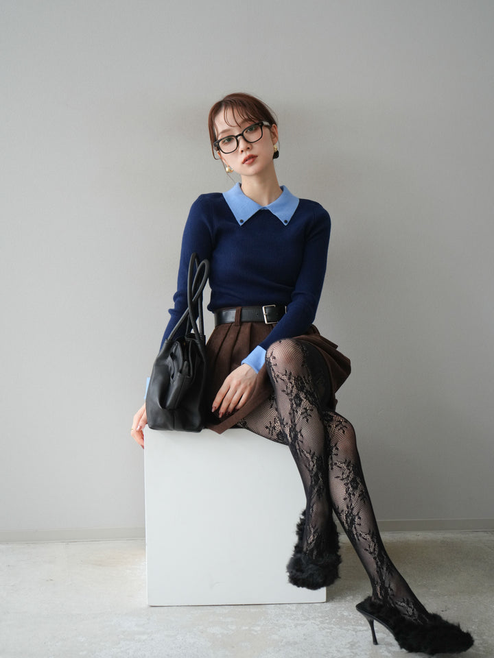 [予約]ニットカフス襟付き配色リブニットトップス/navy